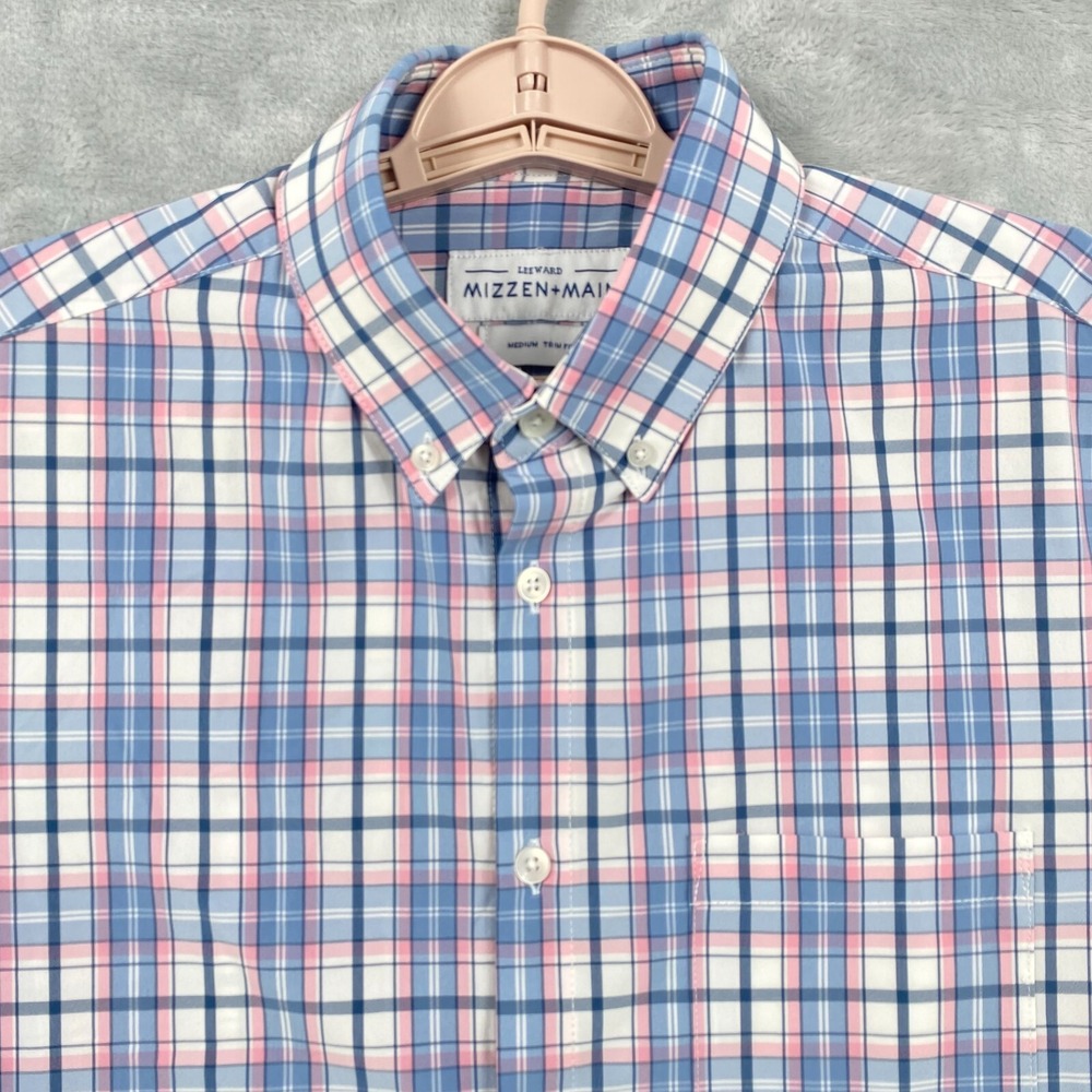 Mizzen Main Leeward Mens Medium Blue Check Windowpane Button Up Trim Fit Stretch